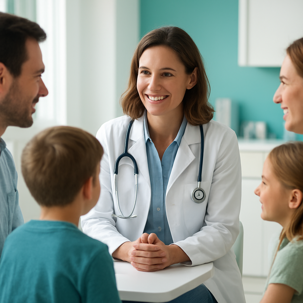 A primary care physician meeting with a relaxed patient family in a bright modern clinic